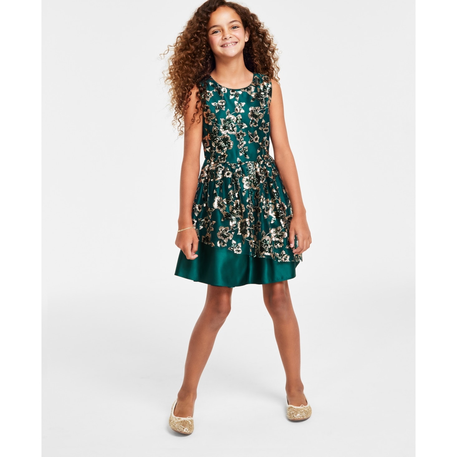 Big Girls Sleeveless Sequin With Asymmetrical Mesh Overlay Skirt Dre
